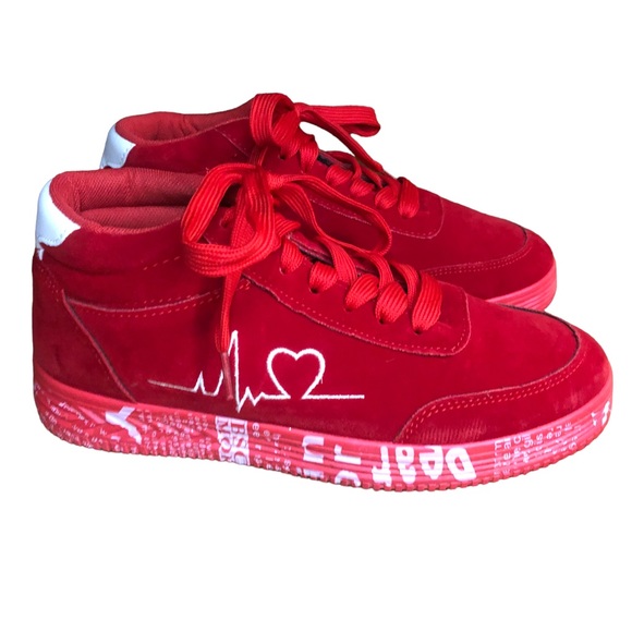 Omega Walk Nursing Love Sports Love Print Red Velour Mid Top Lace Up Shoes - Picture 2 of 8